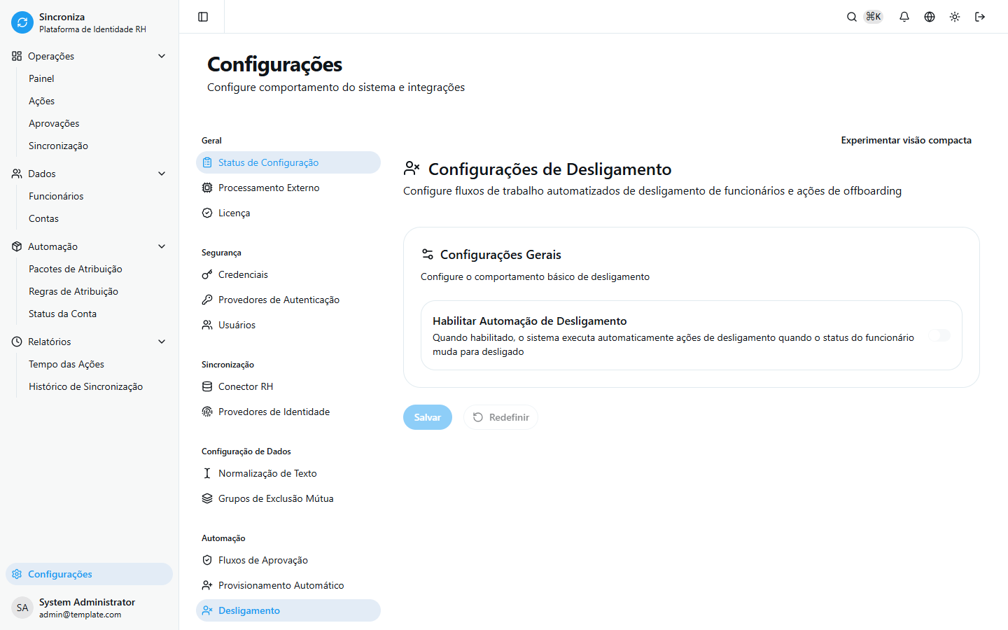 Configuração de Desligamento